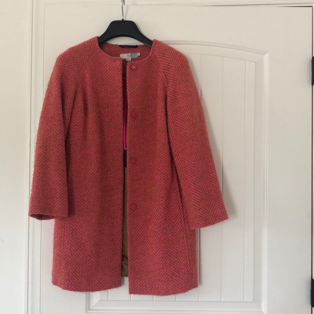 Boden Sienna Herringbone Long Winter Coat in Pink and Tan / Camel Color